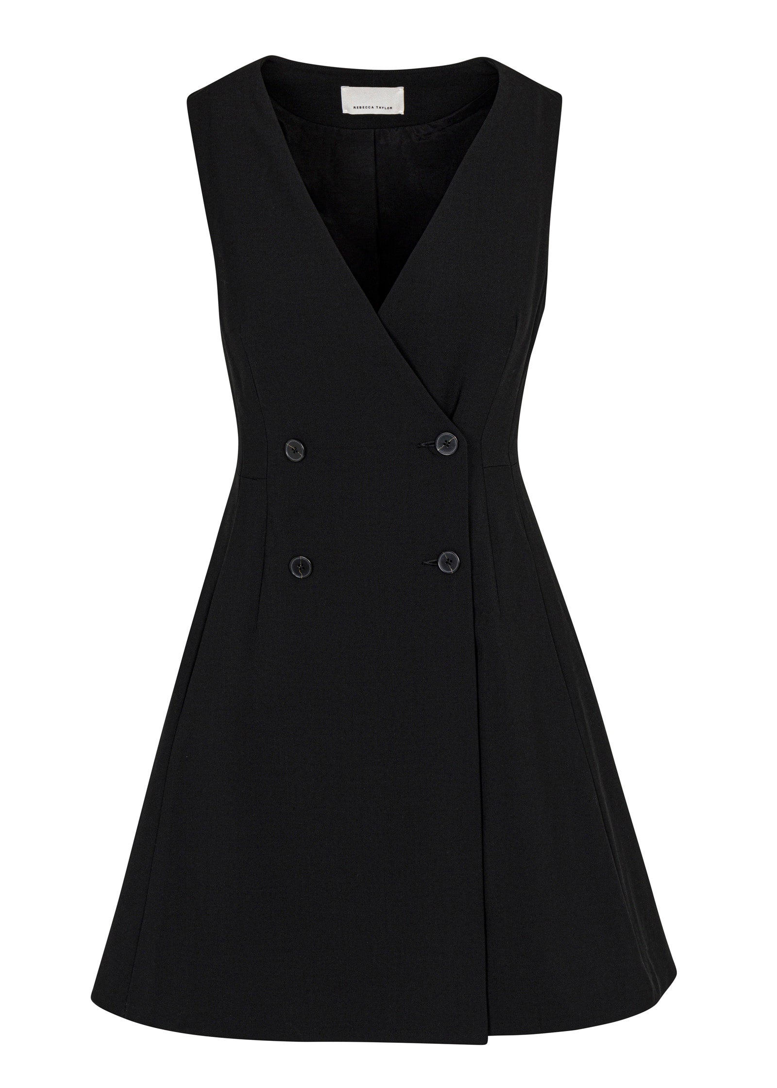 Black Sleeveless Tailored Dress Refined Suiting Double Breasted Mini Dress in Black by Rebecca Taylor