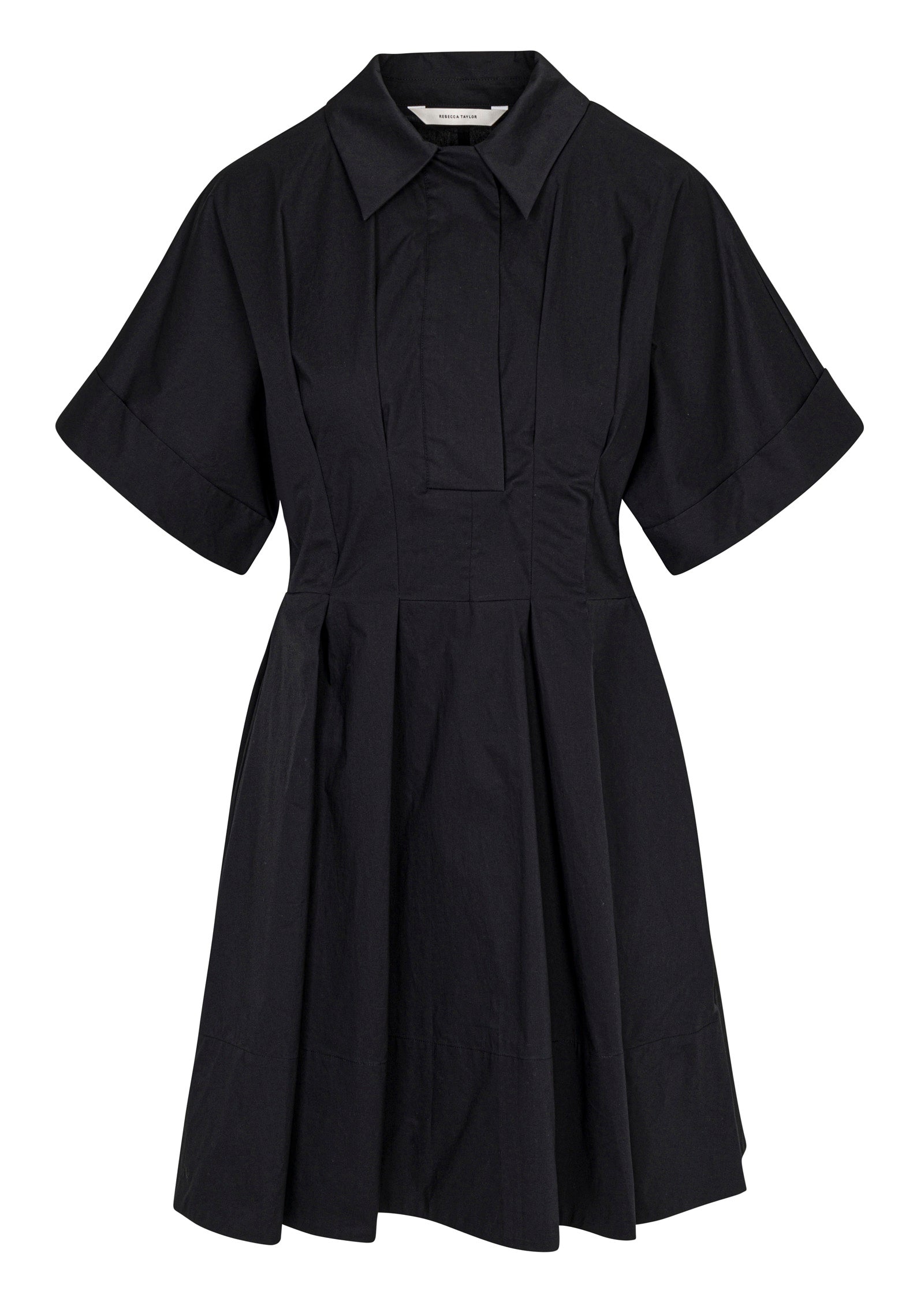 Black Button-Up Short-Sleeve Dress Poplin Waisted Shirt Dress in Black by Rebecca Taylor