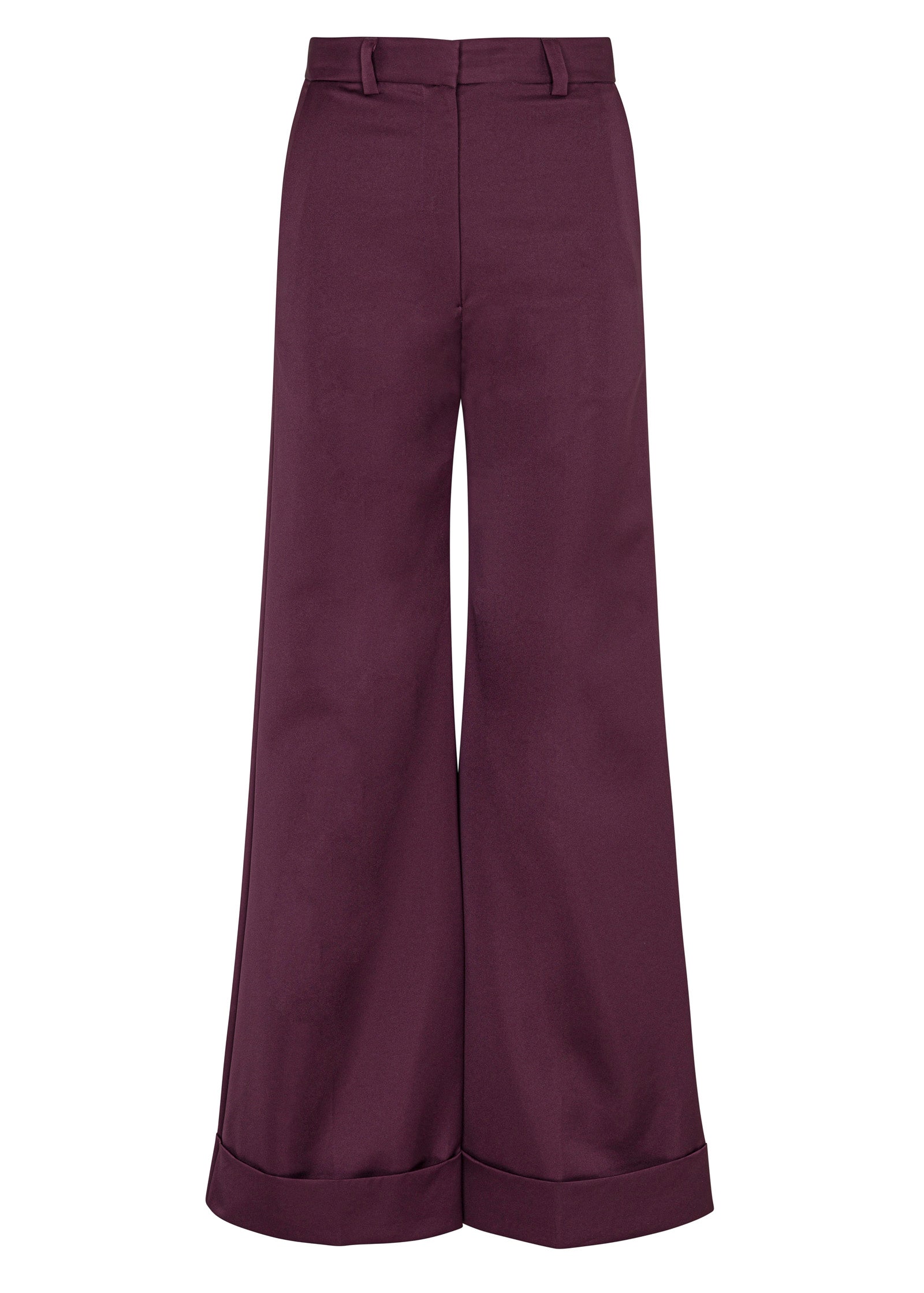 Purple High-Waist Cuffed Pants Techy Sateen Wide Leg Pant in Plum by Rebecca Taylor