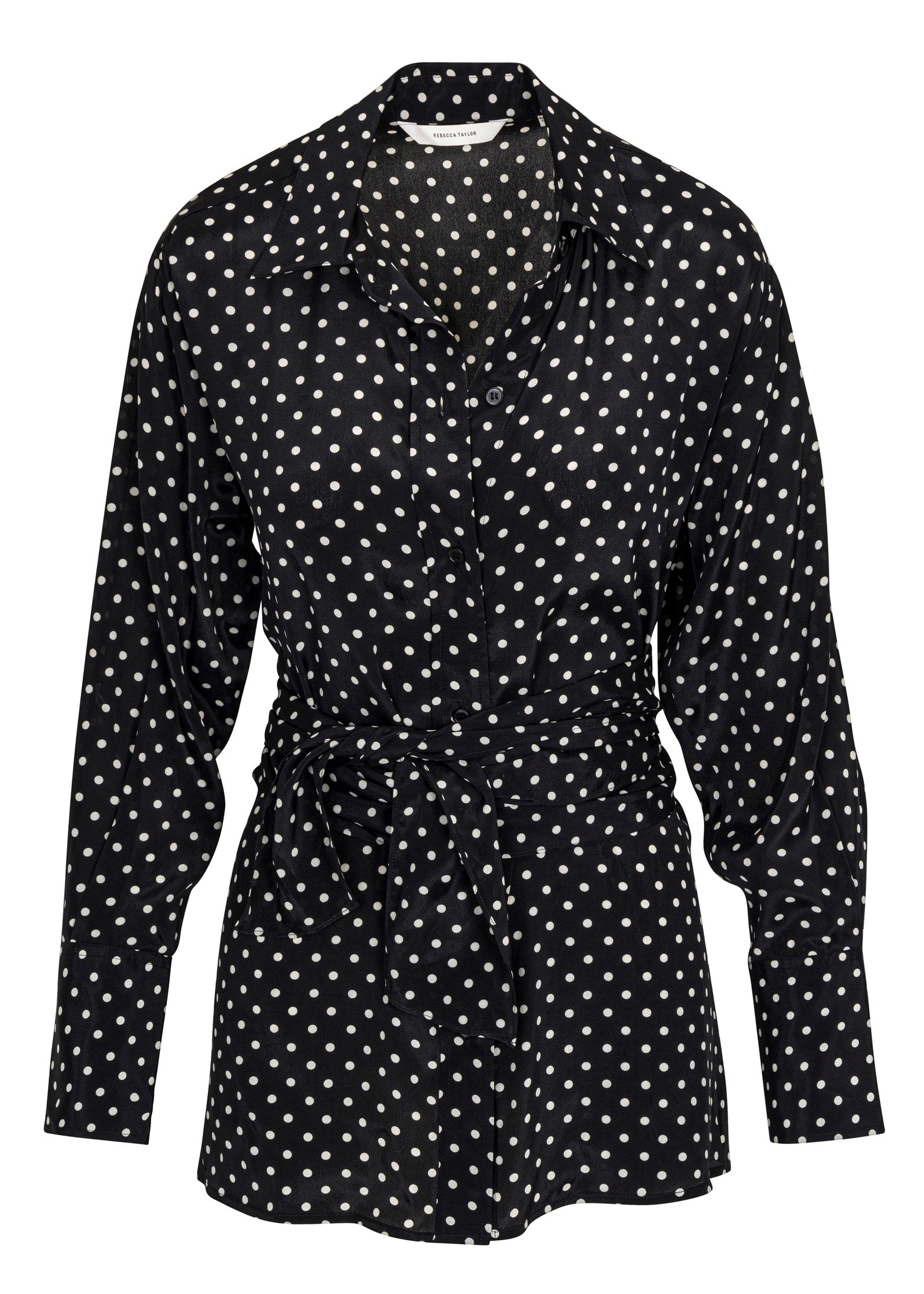 Black Long-Sleeve Silky Shirt Polka Dot Silky Wrap Shirt in Black Dot Combo by Rebecca Taylor