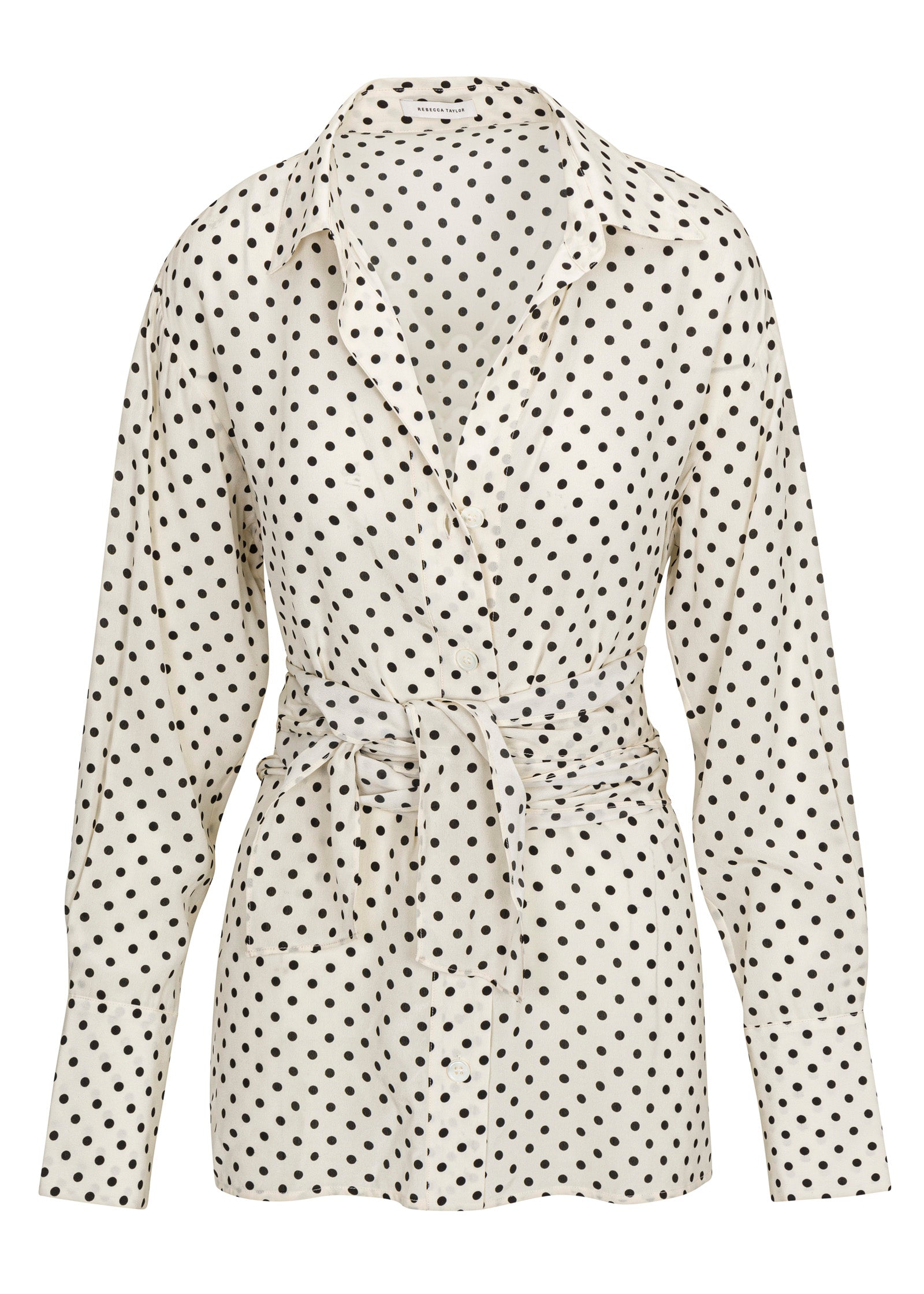 White Long-Sleeve Silky Shirt Polka Dot Silky Wrap Shirt in Snow Combo by Rebecca Taylor