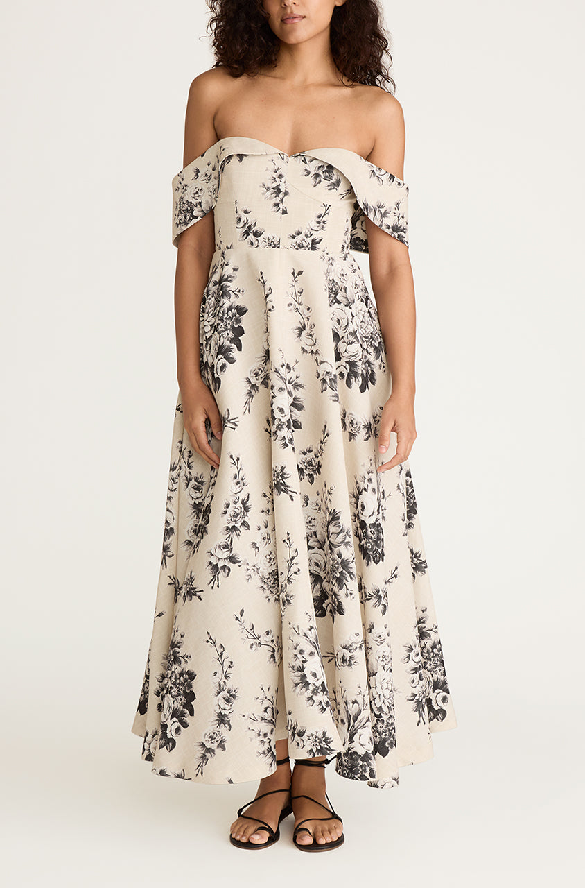 Floral Print Off-Shoulder Long Dress Emblem Fleur Structured Bodice Dress in Ivory Combo by Rebecca Taylor