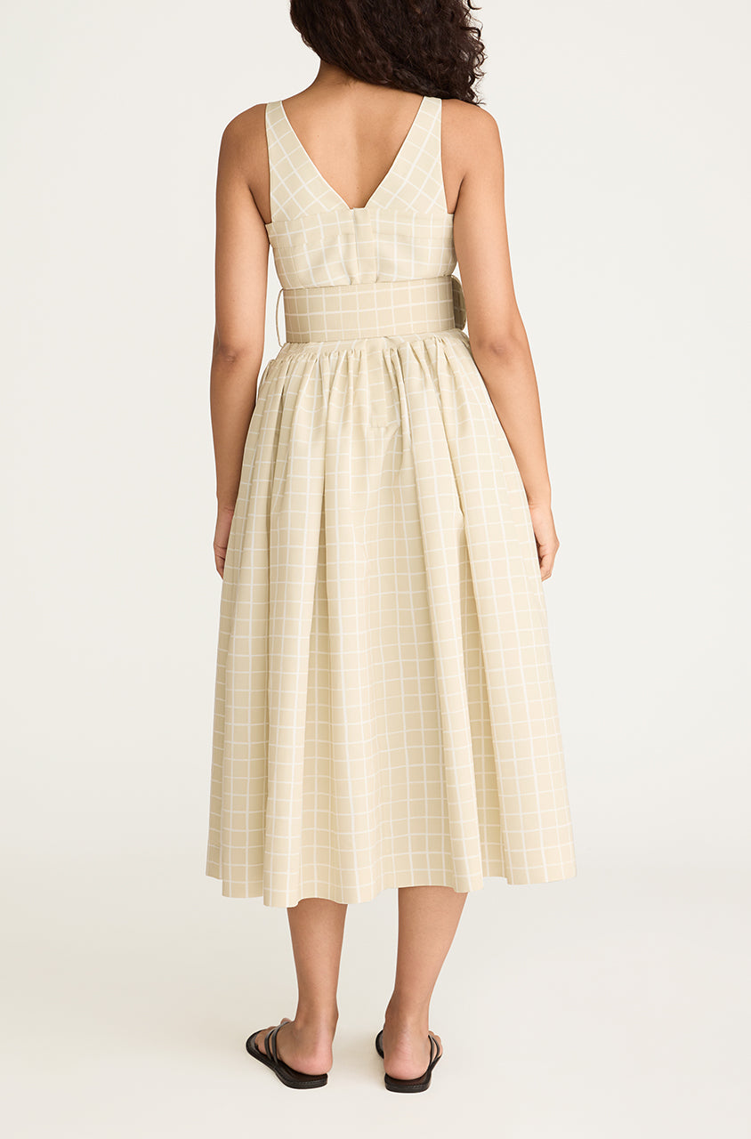 Sand Check Bustier Midi Dress Painterly Windowpane Belted Bustier Dress in Sand Combo by Rebecca Taylor