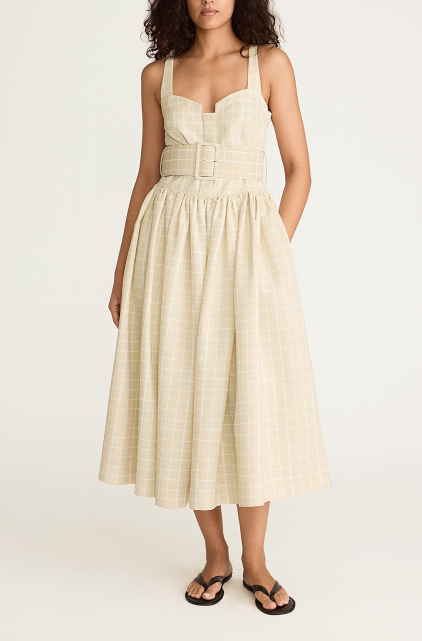 Sand Check Bustier Midi Dress Painterly Windowpane Belted Bustier Dress in Sand Combo by Rebecca Taylor