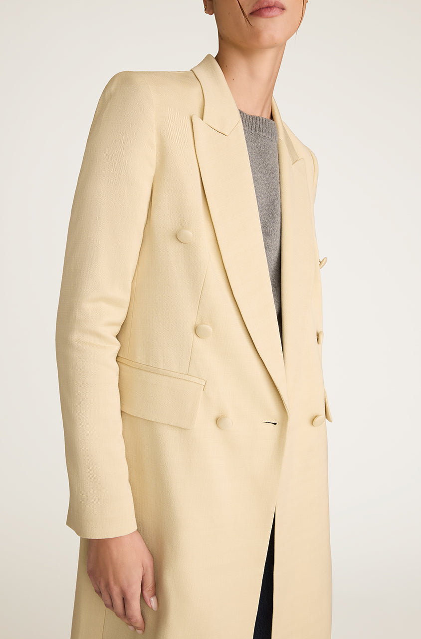 Yellow Long-lined Trench Coat Viscose Slub Blazer Coat in Straw by Rebecca Taylor
