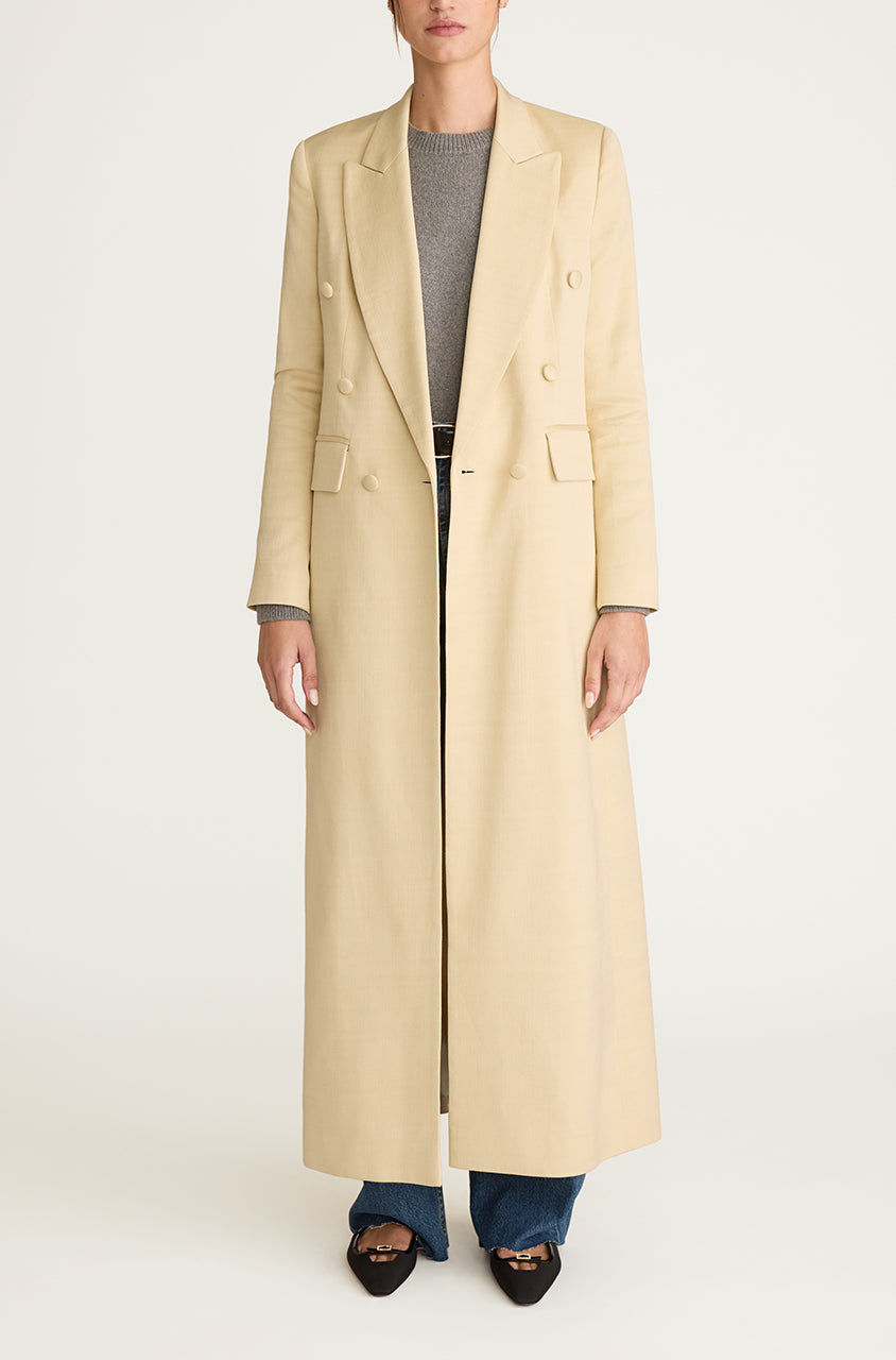 Yellow Long-lined Trench Coat Viscose Slub Blazer Coat in Straw by Rebecca Taylor
