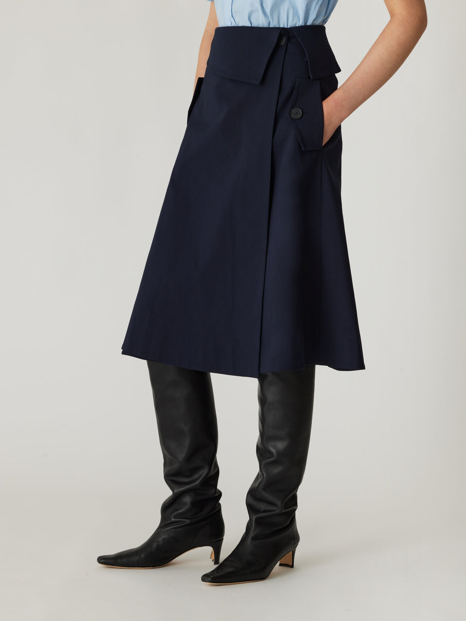 Dark Navy Refined Sateen Midi Skirt Refined Sateen Foldover Wrap Skirt in Dark Navy by Rebecca Taylor