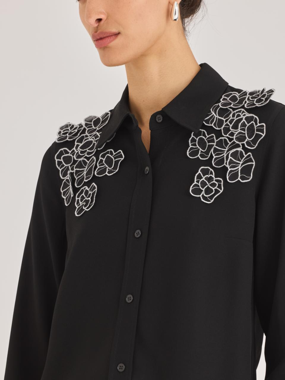 Black Button-Up Shirt with Floral Details Mia Top in Black by Rebecca Taylor