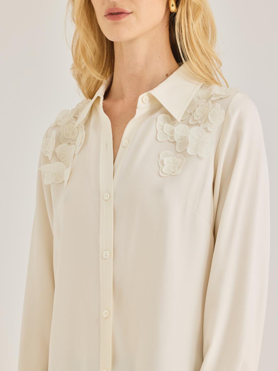 Ivory Button-Up Shirt with Floral Details Mia Top in Ivory by Rebecca Taylor