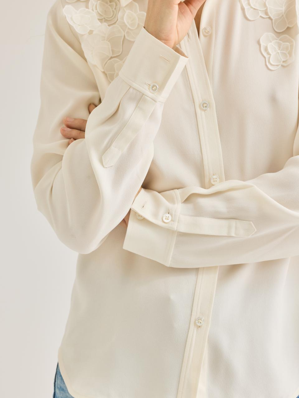 Ivory Button-Up Shirt with Floral Details Mia Top in Ivory by Rebecca Taylor