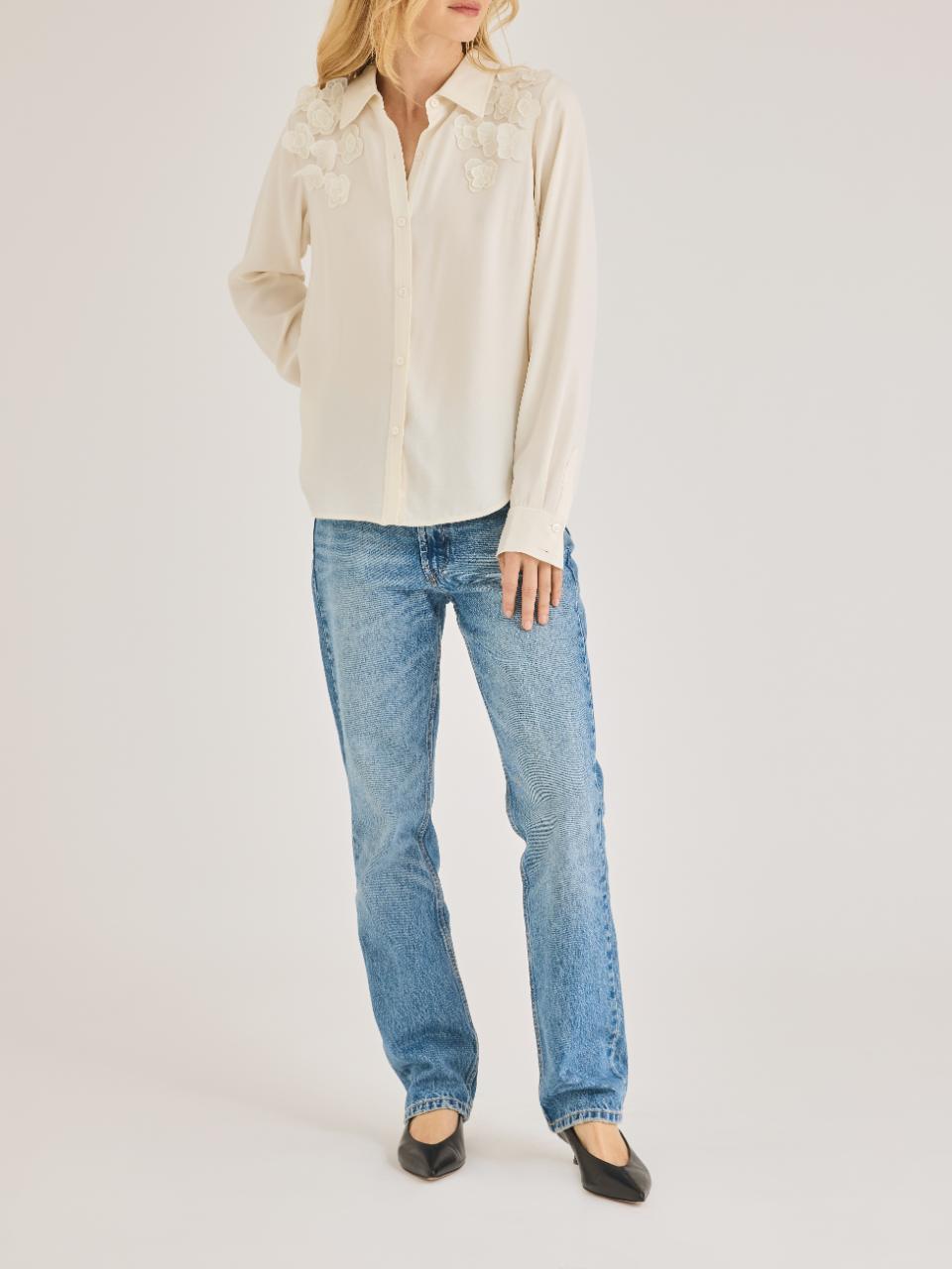 Ivory Button-Up Shirt with Floral Details Mia Top in Ivory by Rebecca Taylor