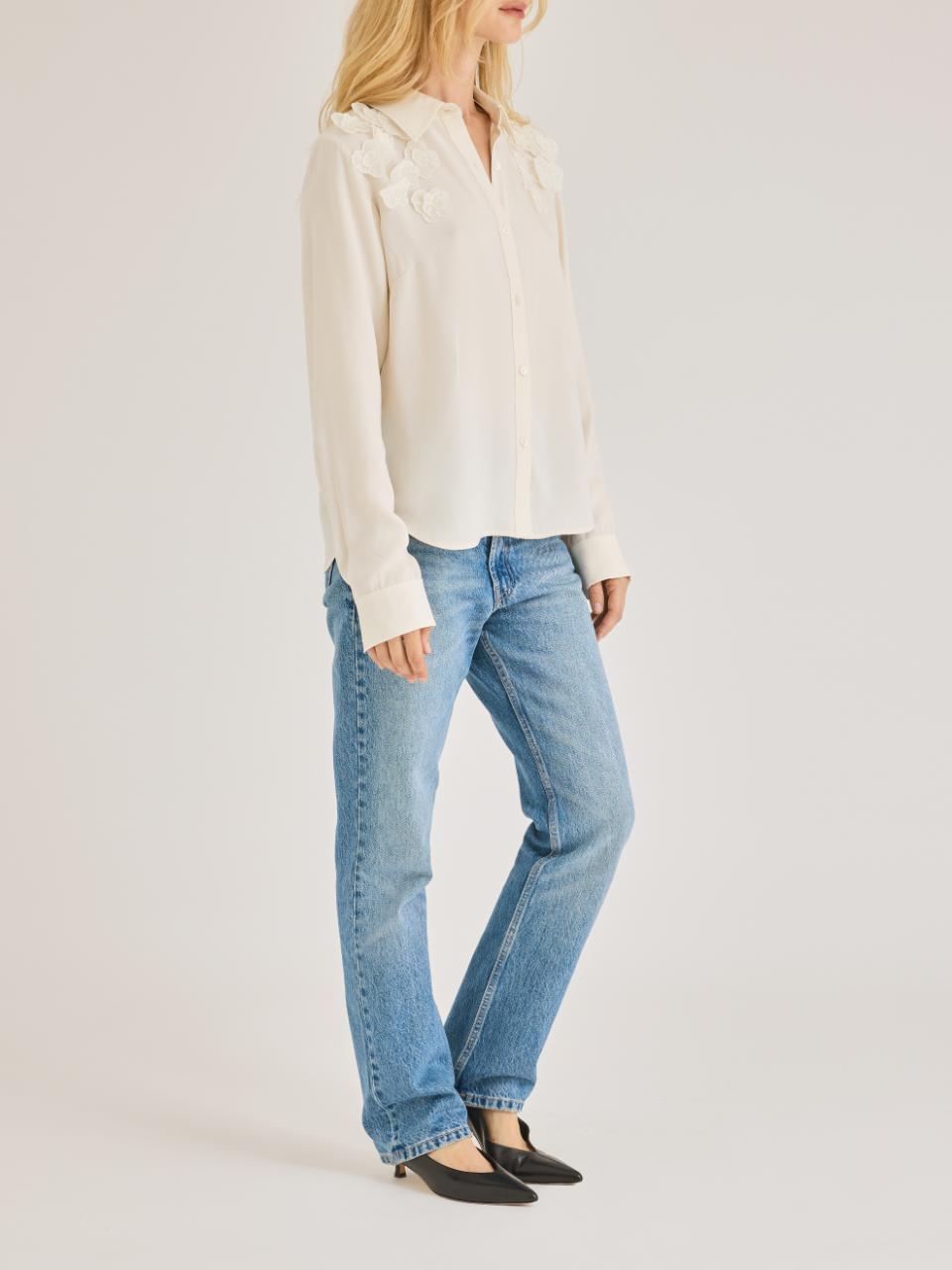 Ivory Button-Up Shirt with Floral Details Mia Top in Ivory by Rebecca Taylor