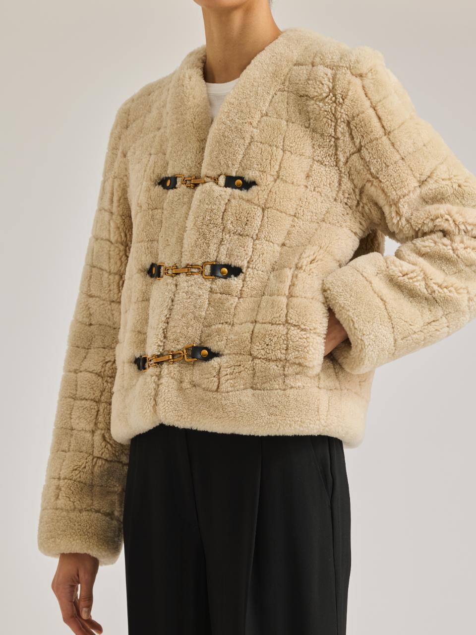 Quilted Stitch Shearling Jacket in Cream by Rebecca Taylor