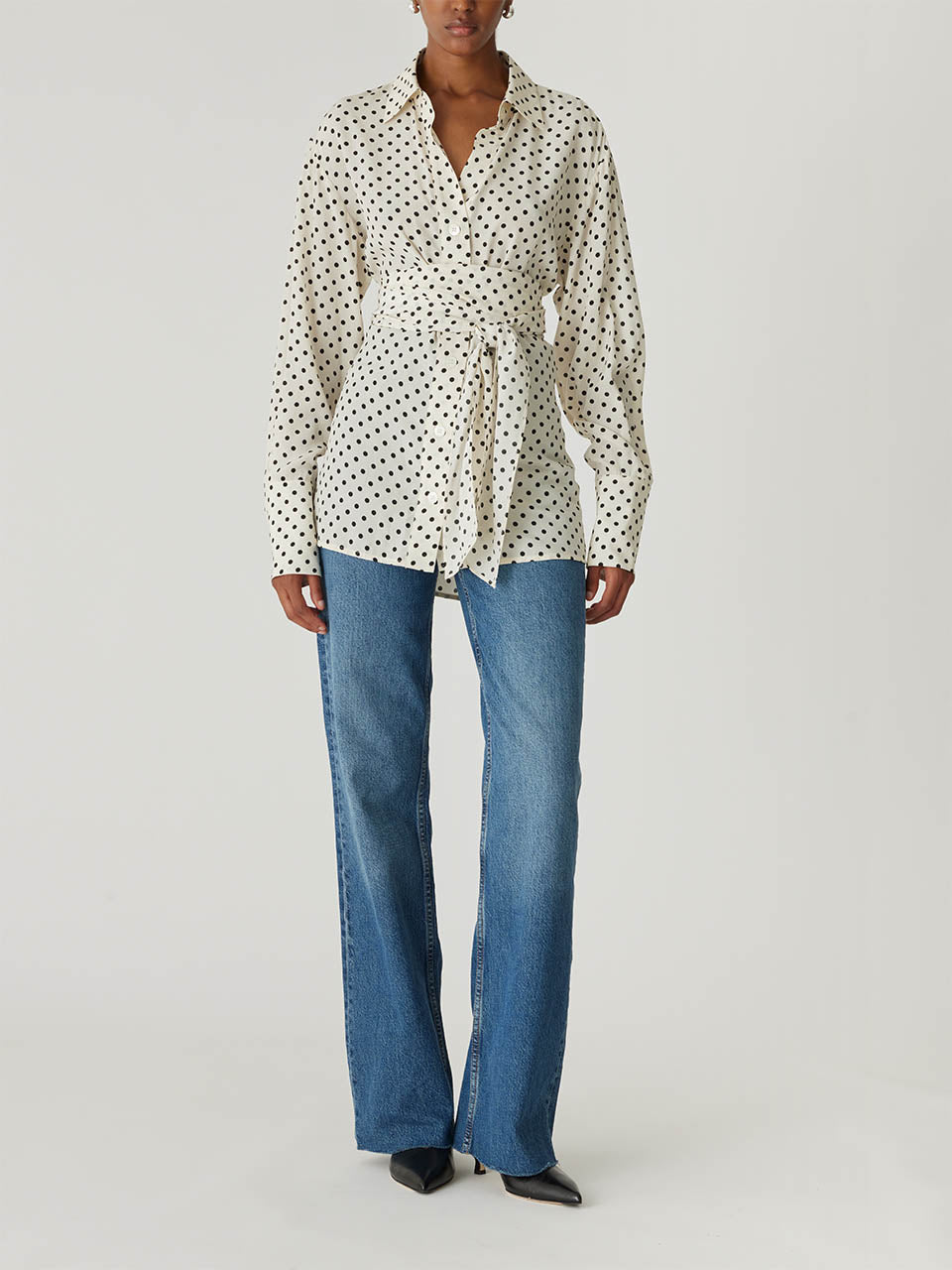 White Long-Sleeve Silky Shirt Polka Dot Silky Wrap Shirt in Snow Combo by Rebecca Taylor