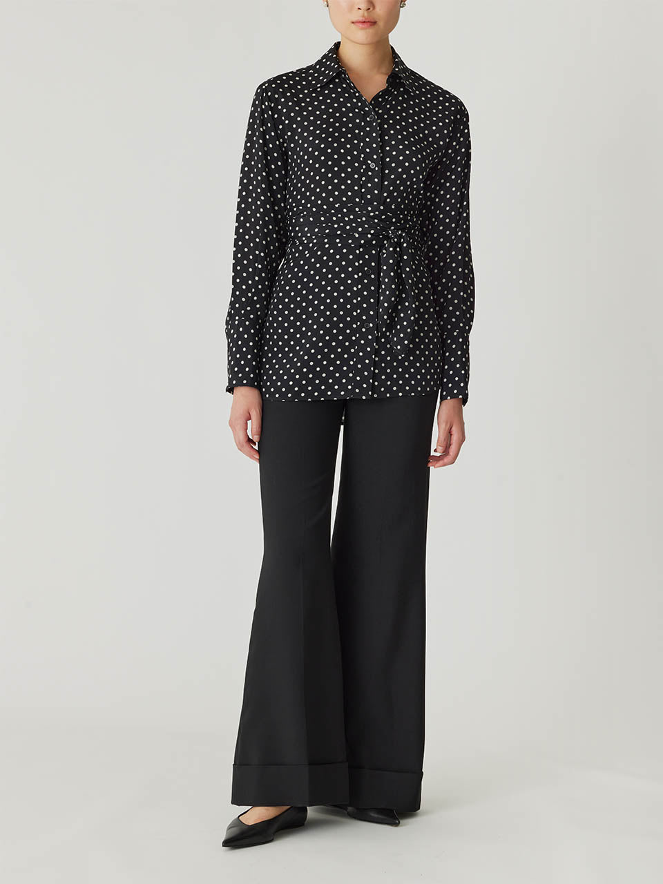 Black Long-Sleeve Silky Shirt Polka Dot Silky Wrap Shirt in Black Dot Combo by Rebecca Taylor