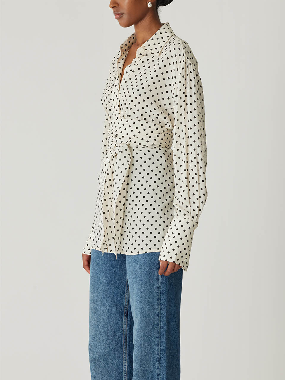 White Long-Sleeve Silky Shirt Polka Dot Silky Wrap Shirt in Snow Combo by Rebecca Taylor