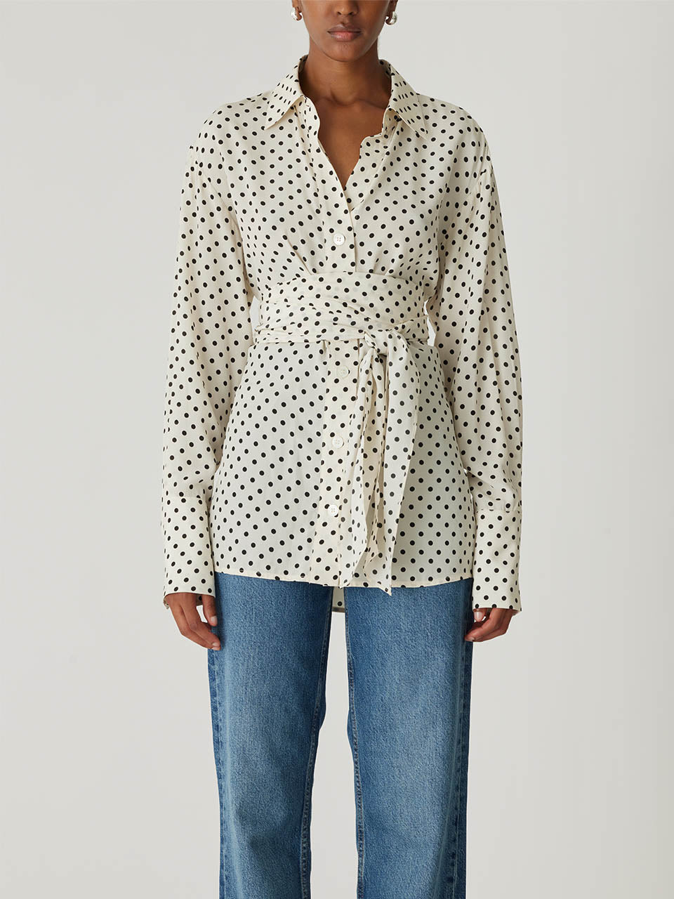 White Long-Sleeve Silky Shirt Polka Dot Silky Wrap Shirt in Snow Combo by Rebecca Taylor