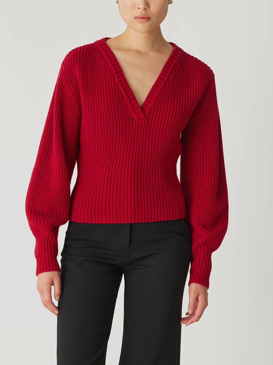 Red Merino Wool Sweater Novelty Wool Victorian Slv V Neck in Red Lip by Rebecca Taylor