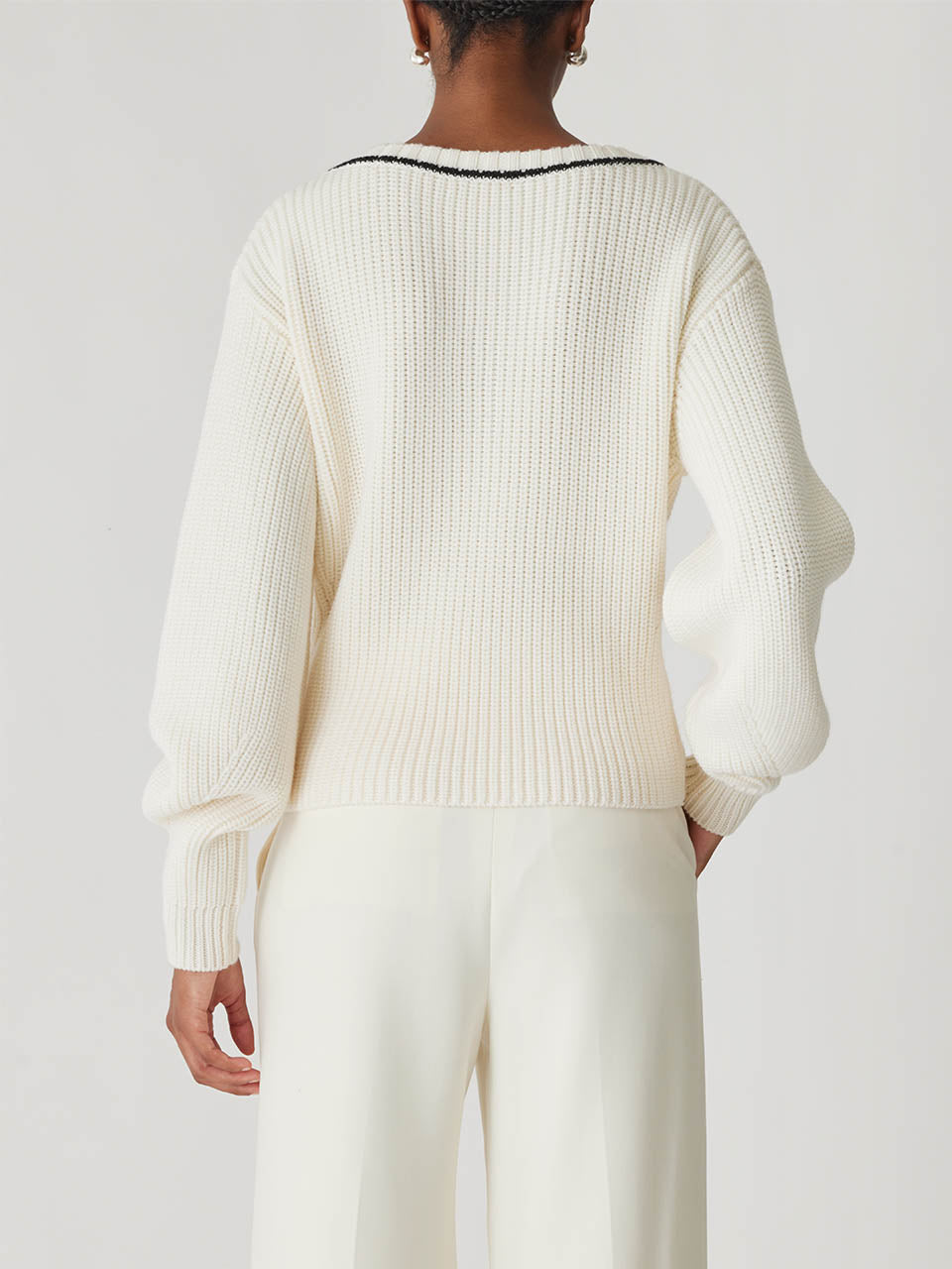 Cream Merino Wool Sweater Novelty Wool Victorian Slv V Neck in Cream by Rebecca Taylor