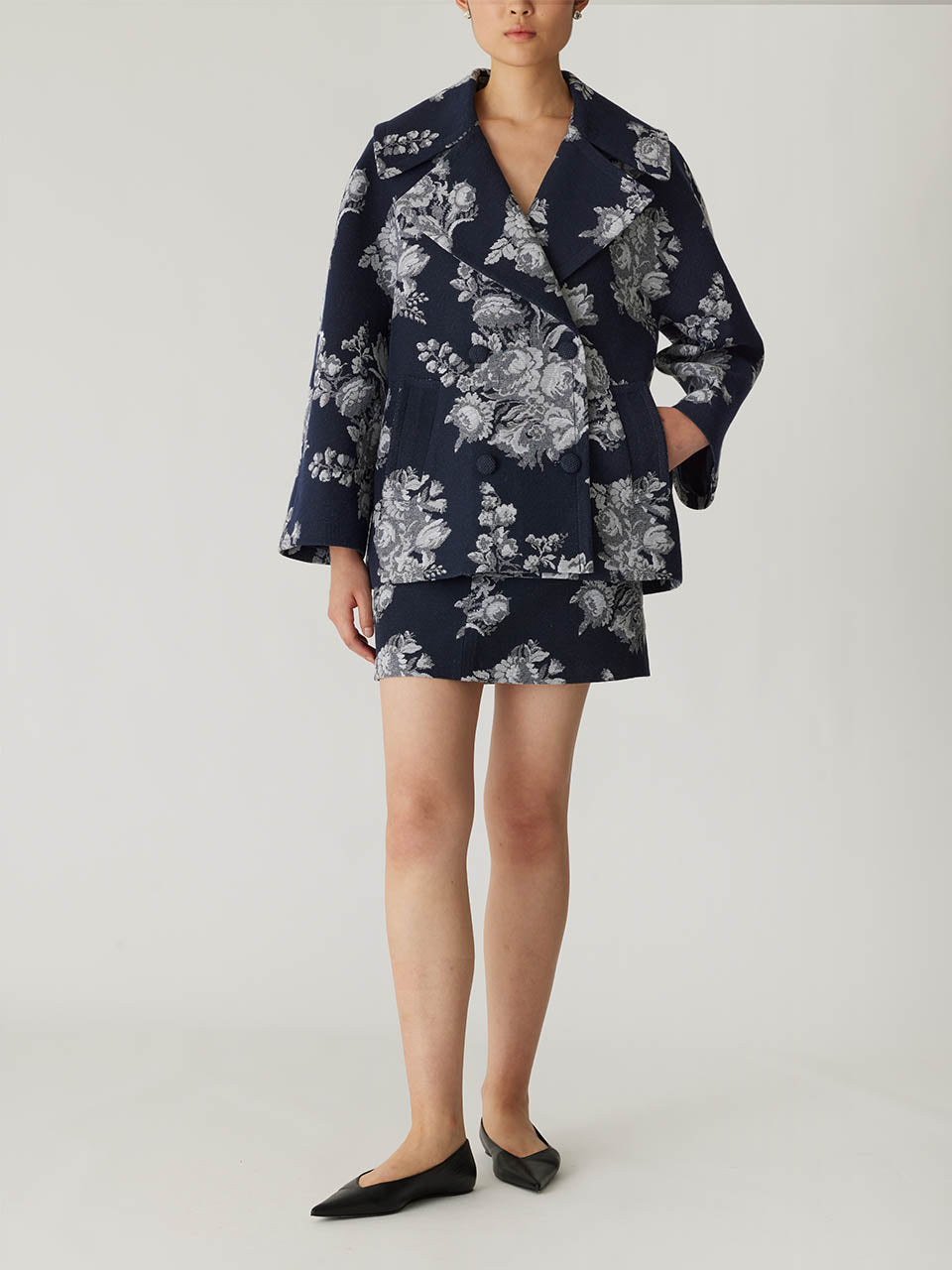 Navy Floral Print Peacoat Venice Toile Jacquard Oversized Peacoat in Indigo Combo by Rebecca Taylor