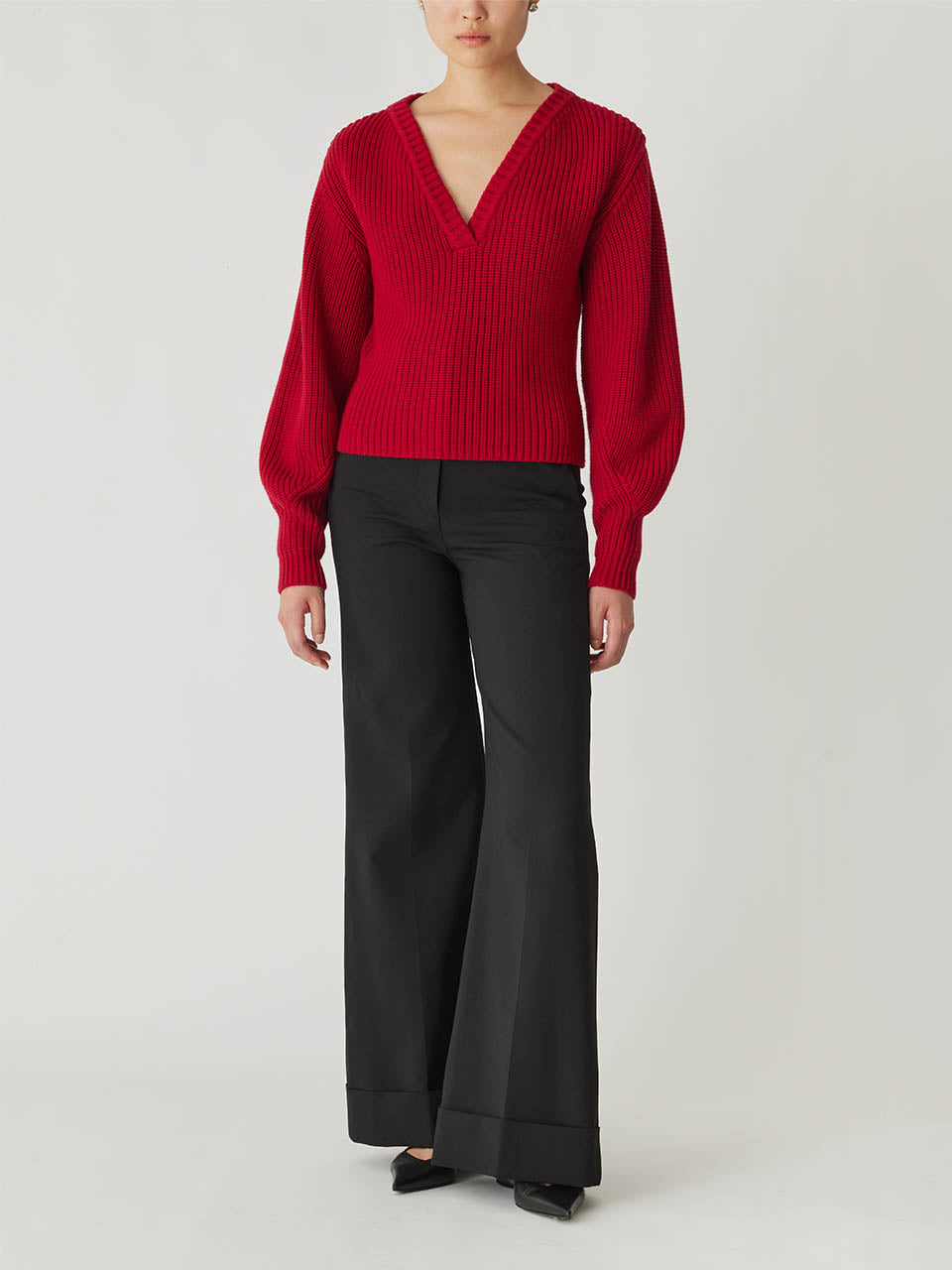 Red Merino Wool Sweater Novelty Wool Victorian Slv V Neck in Red Lip by Rebecca Taylor