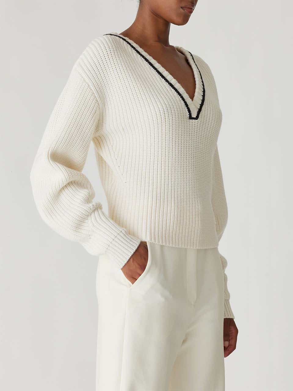 Cream Merino Wool Sweater Novelty Wool Victorian Slv V Neck in Cream by Rebecca Taylor