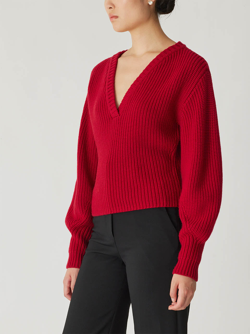 Red Merino Wool Sweater Novelty Wool Victorian Slv V Neck in Red Lip by Rebecca Taylor