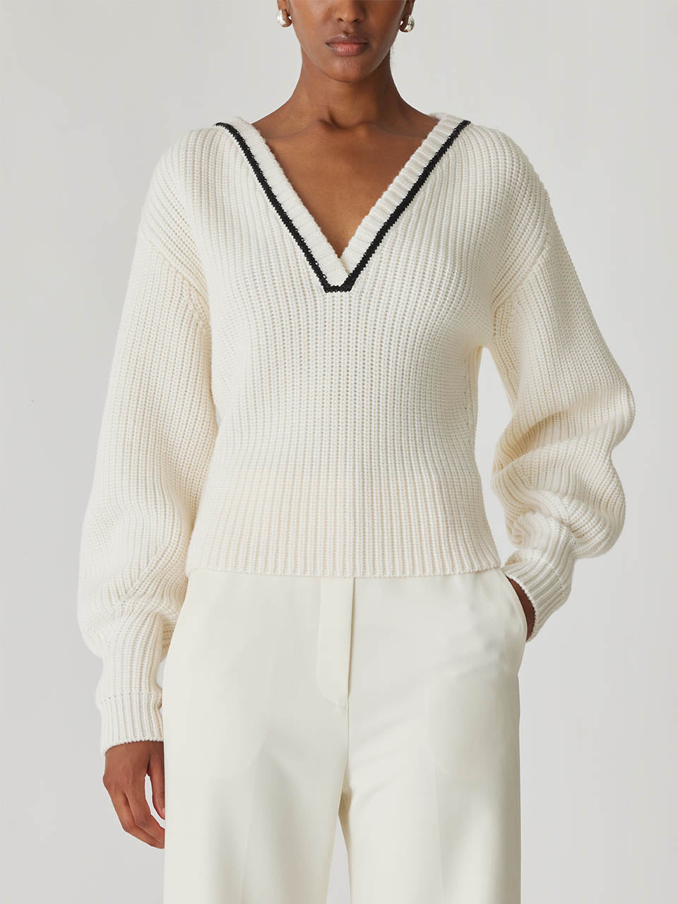 Cream Merino Wool Sweater Novelty Wool Victorian Slv V Neck in Cream by Rebecca Taylor