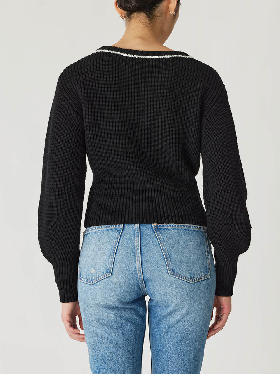 Black Merino Wool Sweater Novelty Wool Victorian Slv V Neck in Black by Rebecca Taylor