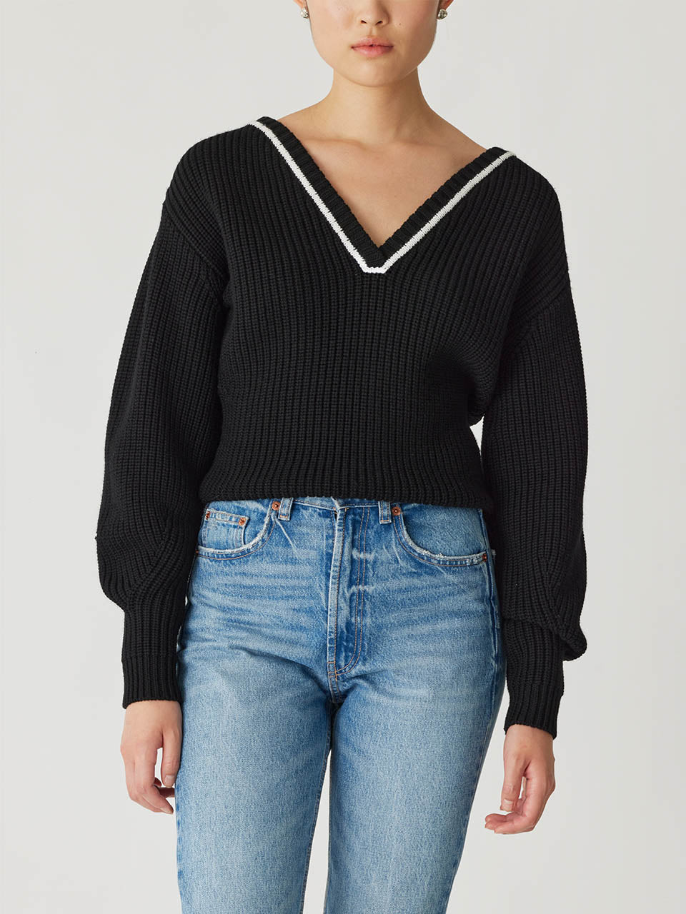 Black Merino Wool Sweater Novelty Wool Victorian Slv V Neck in Black by Rebecca Taylor