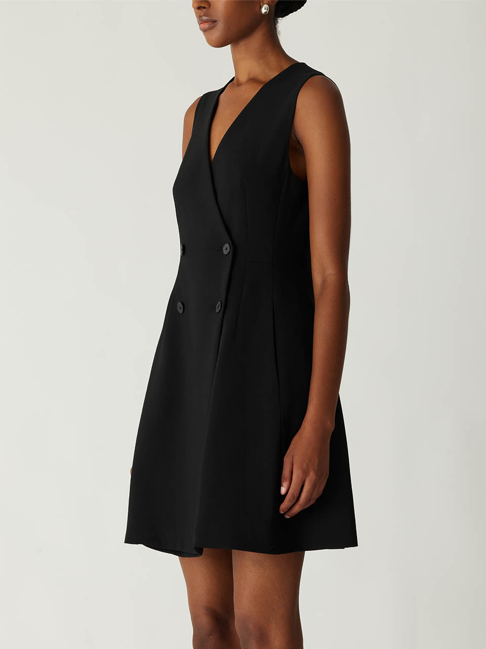 Black Sleeveless Tailored Dress Refined Suiting Double Breasted Mini Dress in Black by Rebecca Taylor