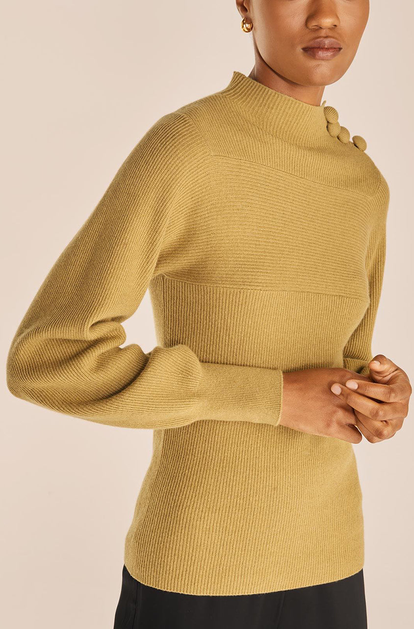 Green Loose Long-Sleeve Sweater Rib Mock Neck in Olive by Rebecca Taylor