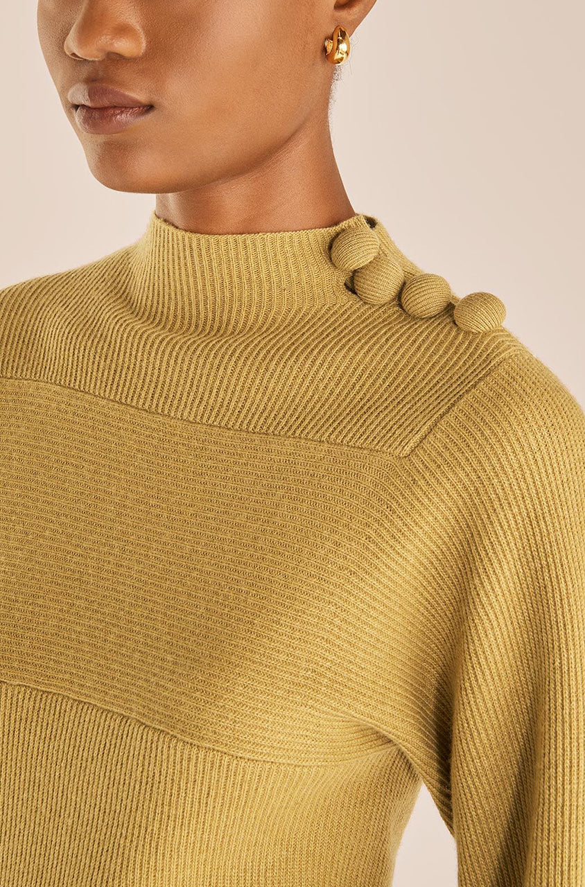 Green Loose Long-Sleeve Sweater Rib Mock Neck in Olive by Rebecca Taylor