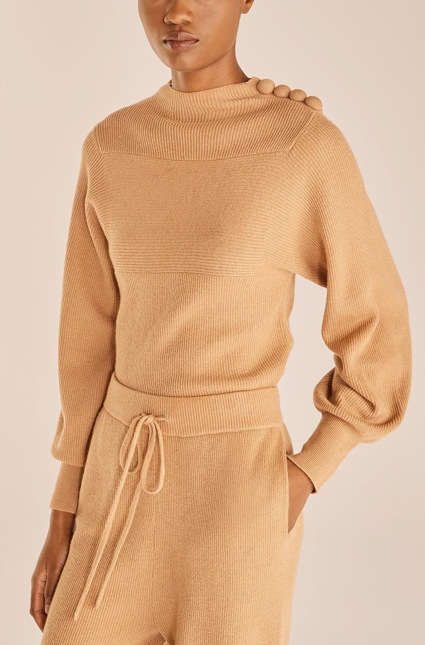 Honey Loose Long-Sleeve Sweater Rib Mock Neck in Honey by Rebecca Taylor
