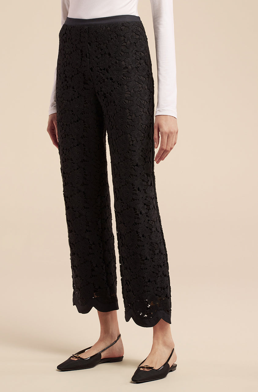 Lace Scalloped Edge Pant in Black by Rebecca Taylor