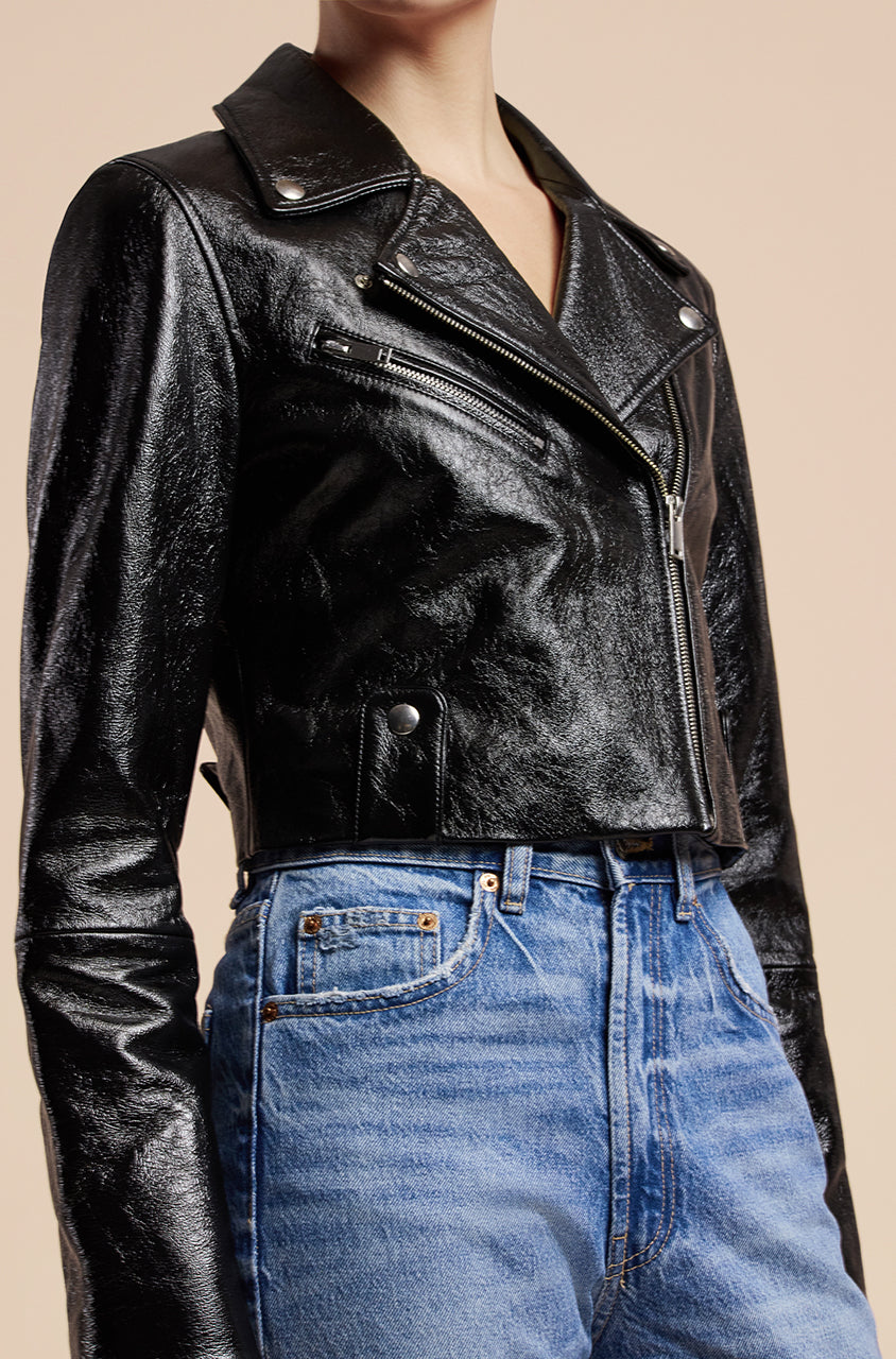 Patent Moto Jacket in Black by Rebecca Taylor