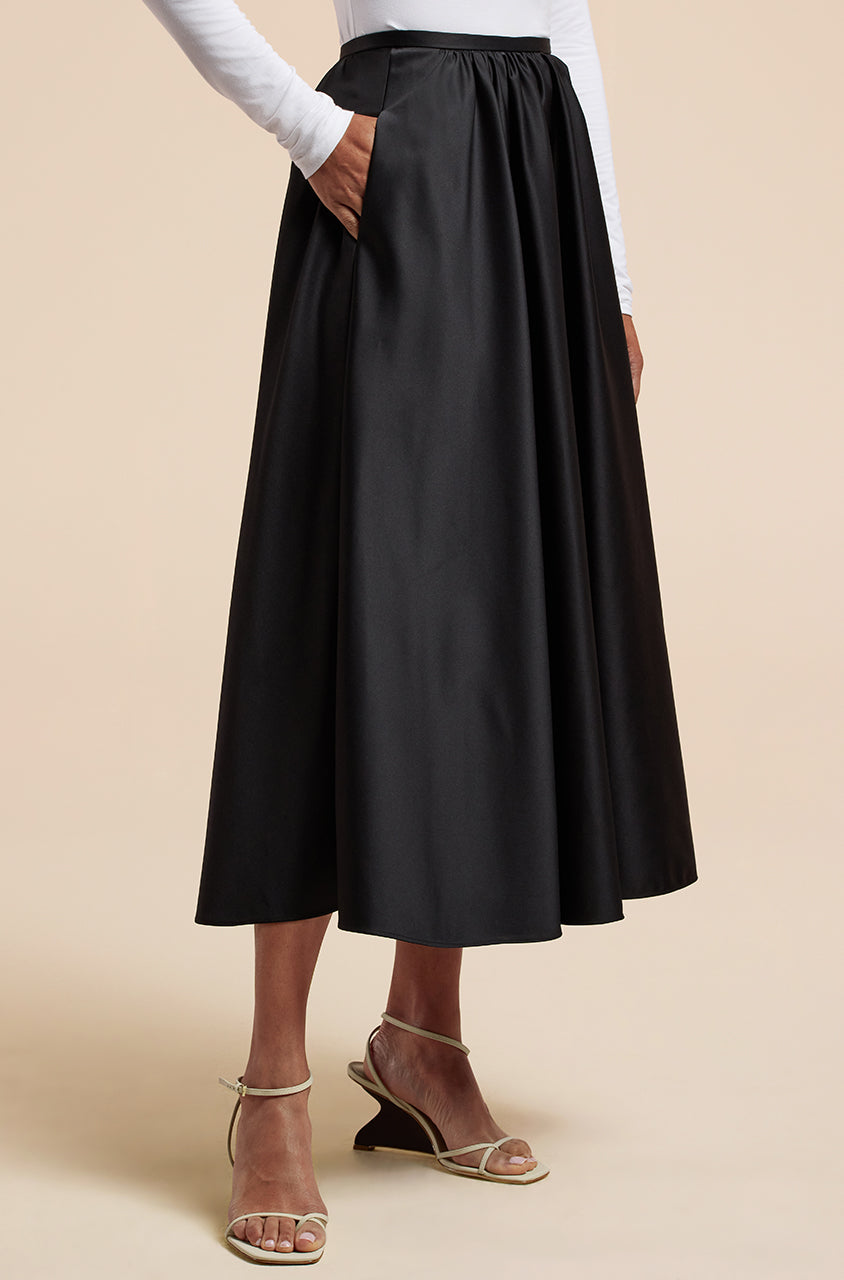 Black Circle Skirt Sateen Midi Skirt in Black by Rebecca Taylor
