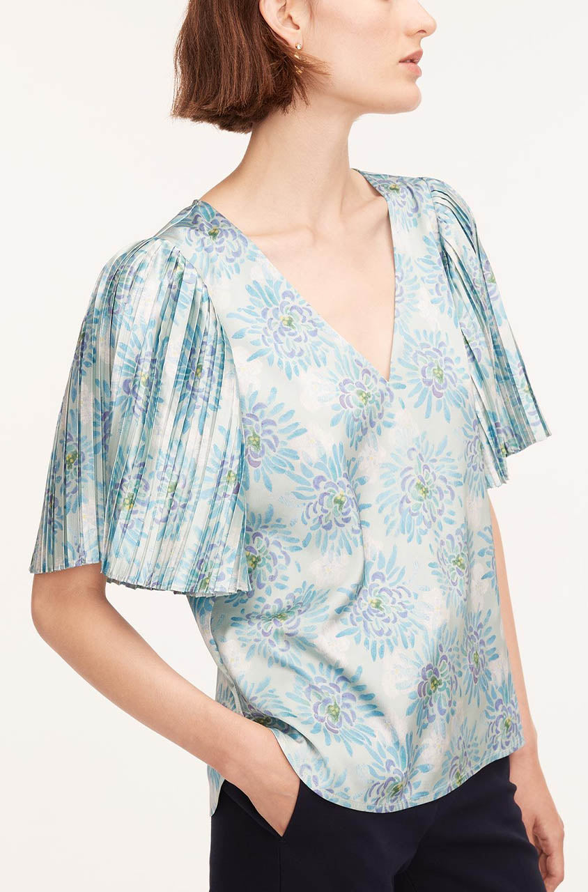 Rebecca Taylor Astera Fleur Pleated Sleeve Blouse in Astera Fleur Turquoise Combo