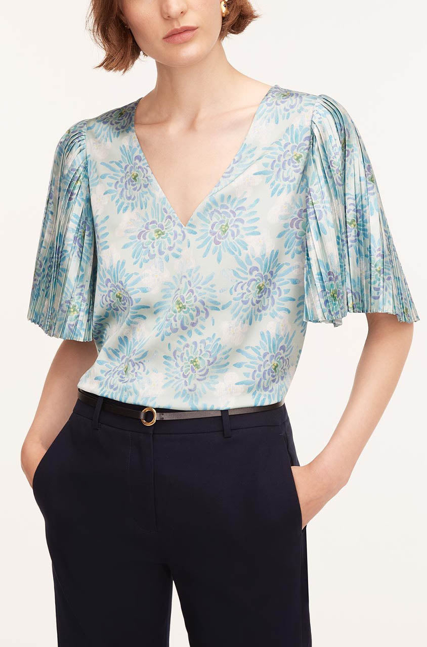 Rebecca Taylor Astera Fleur Pleated Sleeve Blouse in Astera Fleur Turquoise Combo