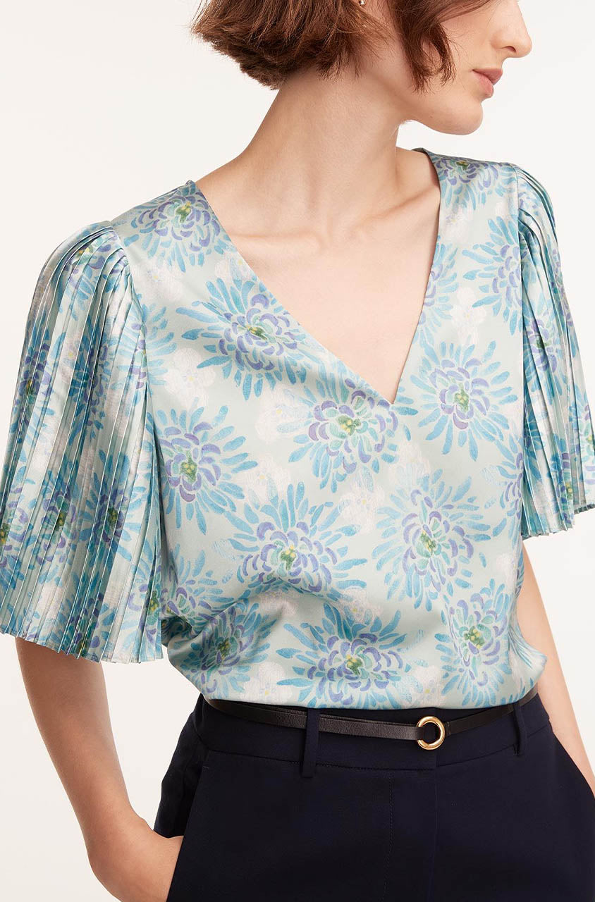 Rebecca Taylor Astera Fleur Pleated Sleeve Blouse in Astera Fleur Turquoise Combo