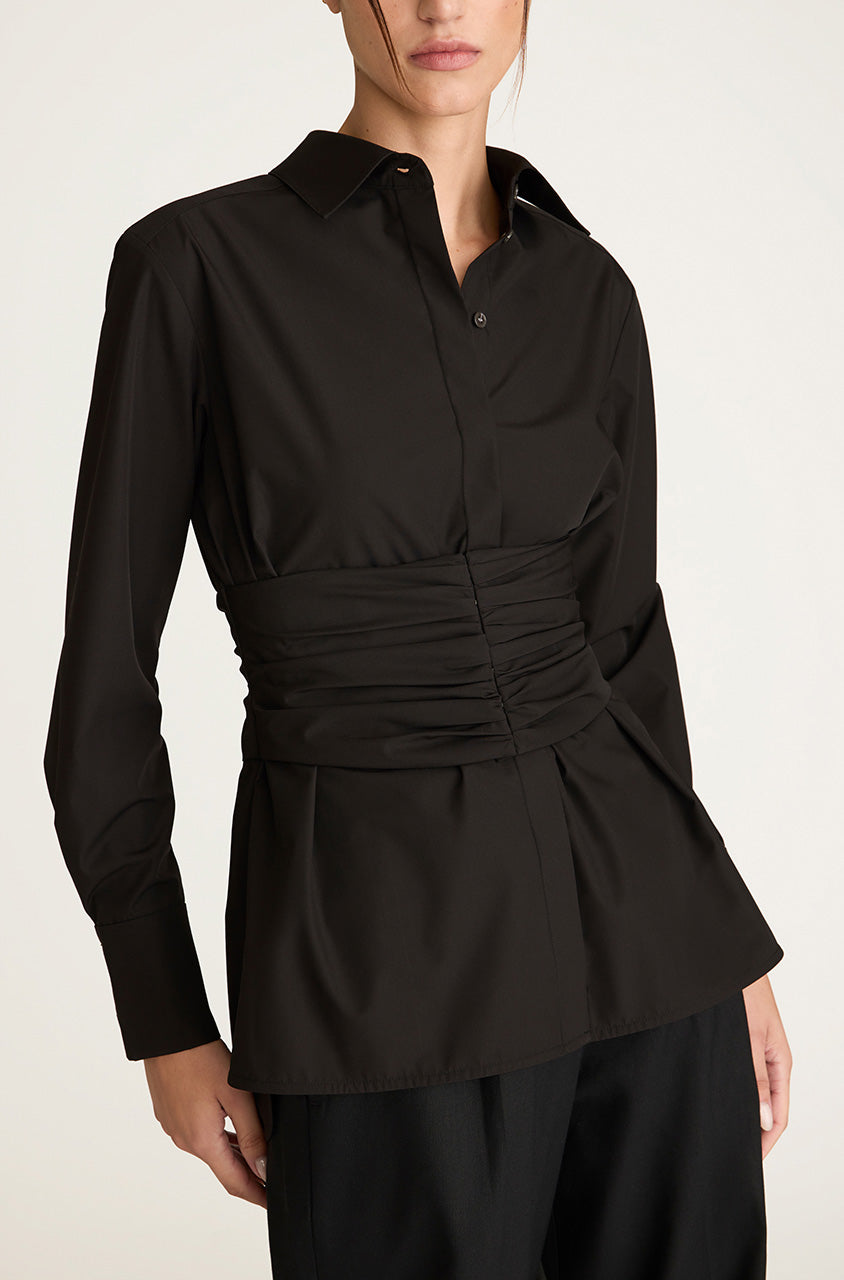 Black Cummerbund-Detailed Taffeta Shirt Corseted Button Down in Black by Rebecca Taylor