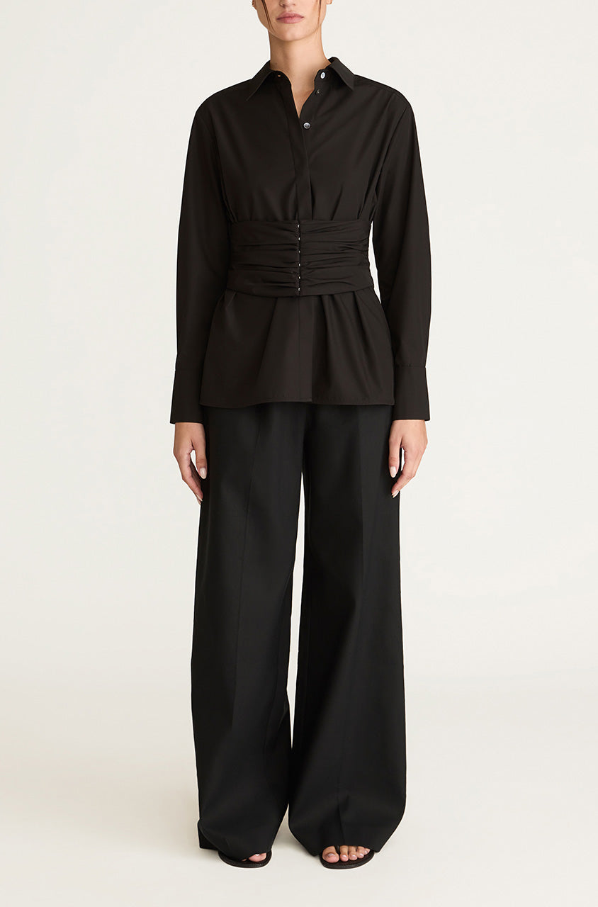 Black Cummerbund-Detailed Taffeta Shirt Corseted Button Down in Black by Rebecca Taylor