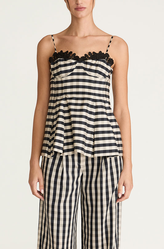 Gingham Twill Embroidered Bustier Tank