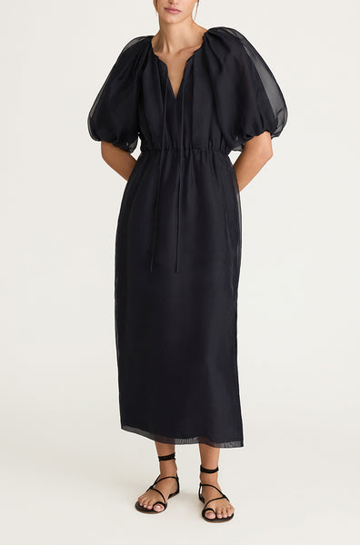 Dark Navy Bubble Sleeve Midi Dress - Midnight Silk Chiffon