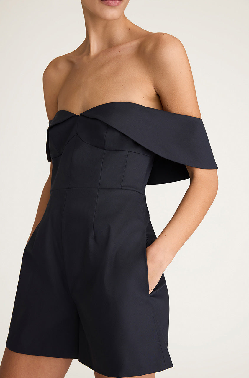 Navy Structured Off-Shoulder Romper Cotton Sateen Draped Shoulder Romper in Midnight by Rebecca Taylor