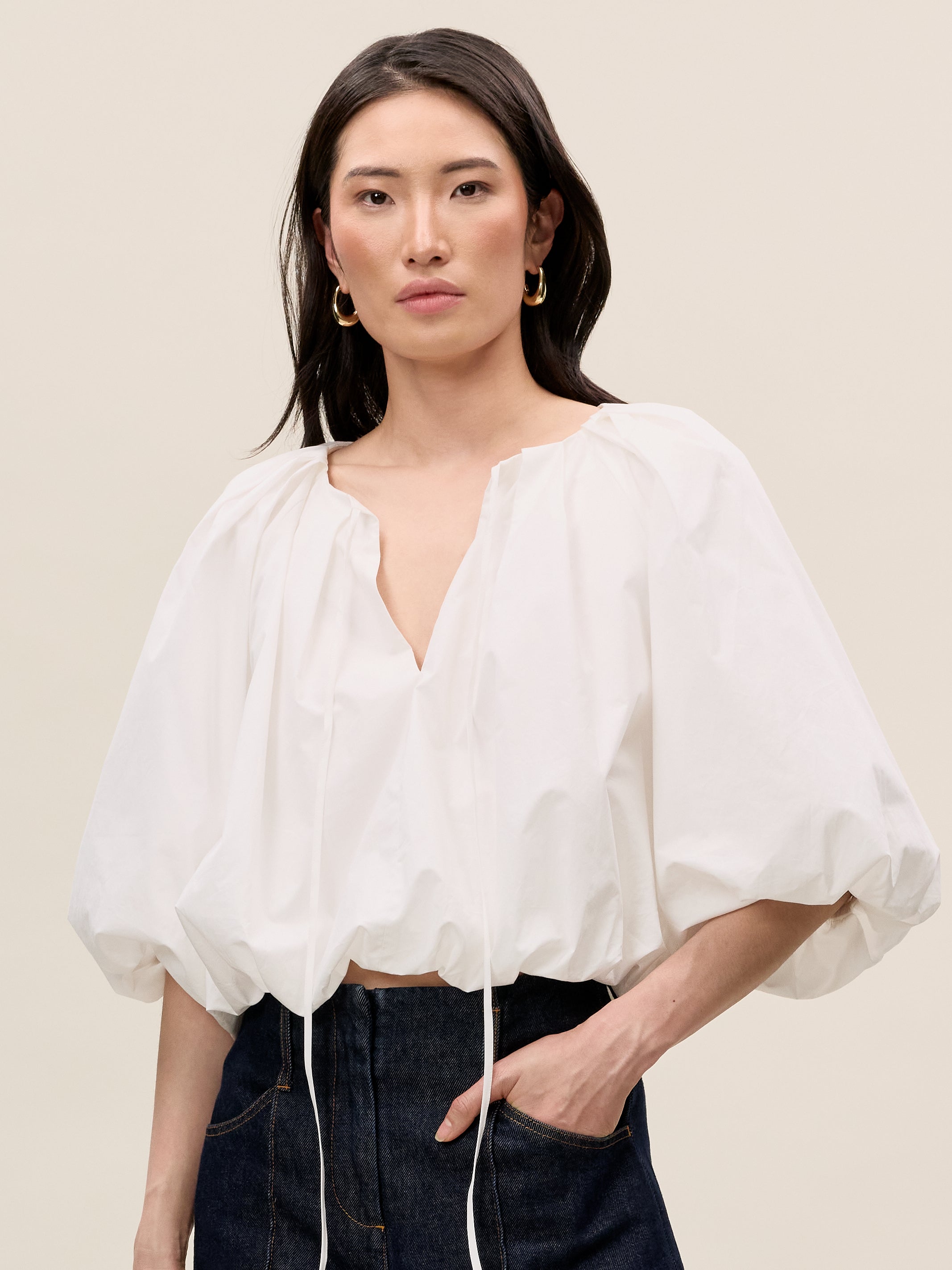 White Top with Pleated Neckline Poplin Bubble Top in Milk by Rebecca Taylor