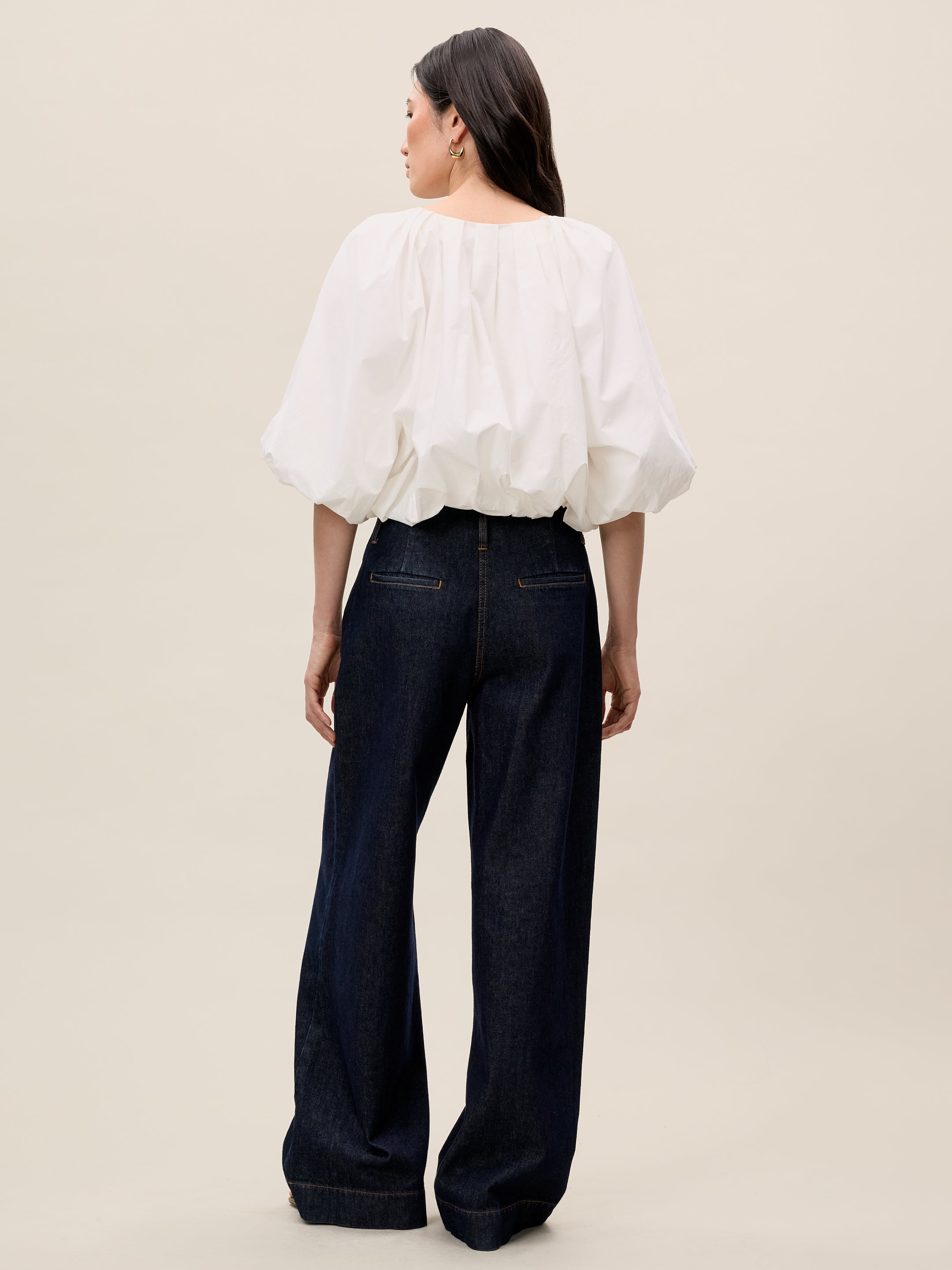 White Top with Pleated Neckline Poplin Bubble Top in Milk by Rebecca Taylor