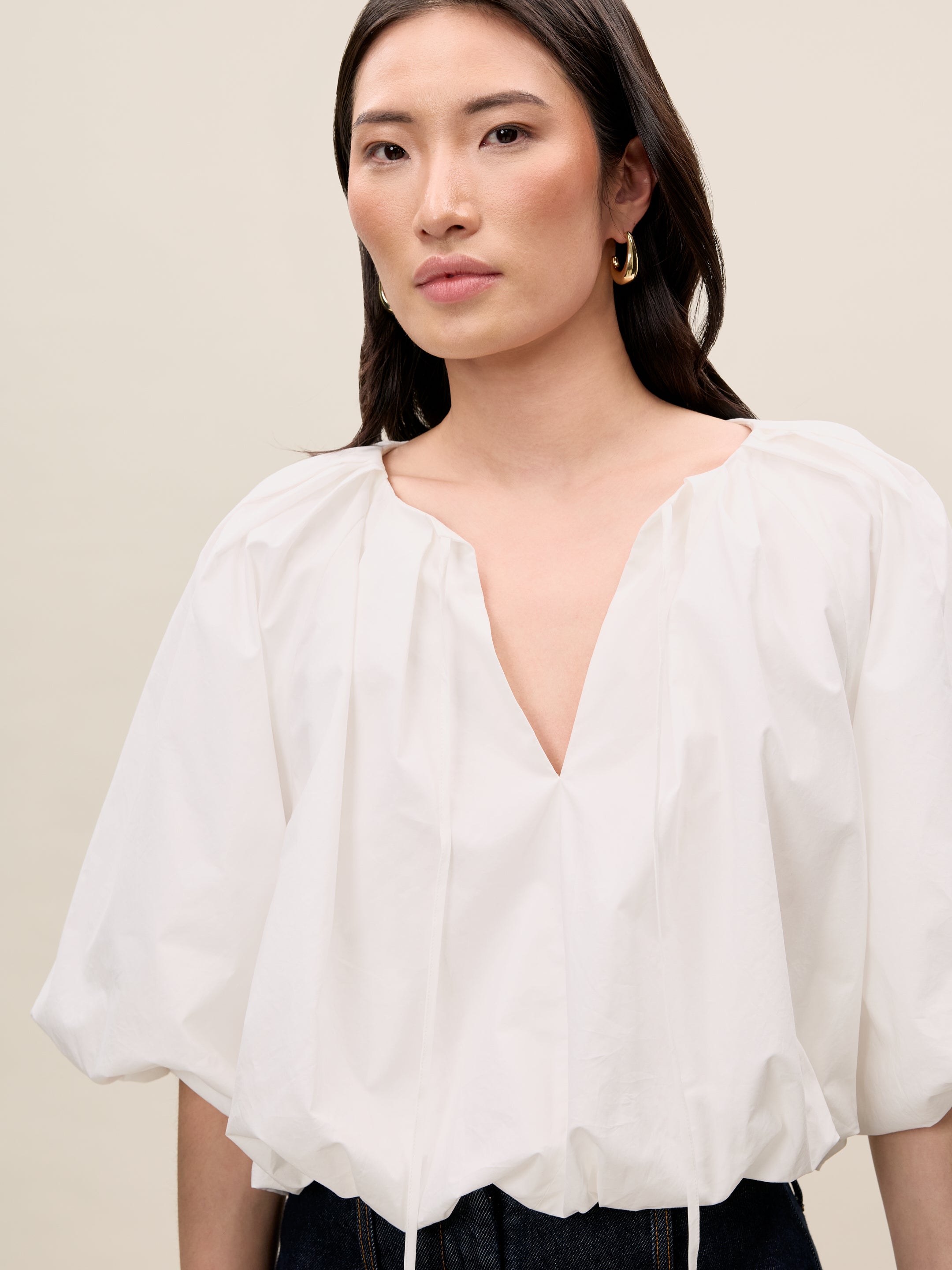 White Top with Pleated Neckline Poplin Bubble Top in Milk by Rebecca Taylor