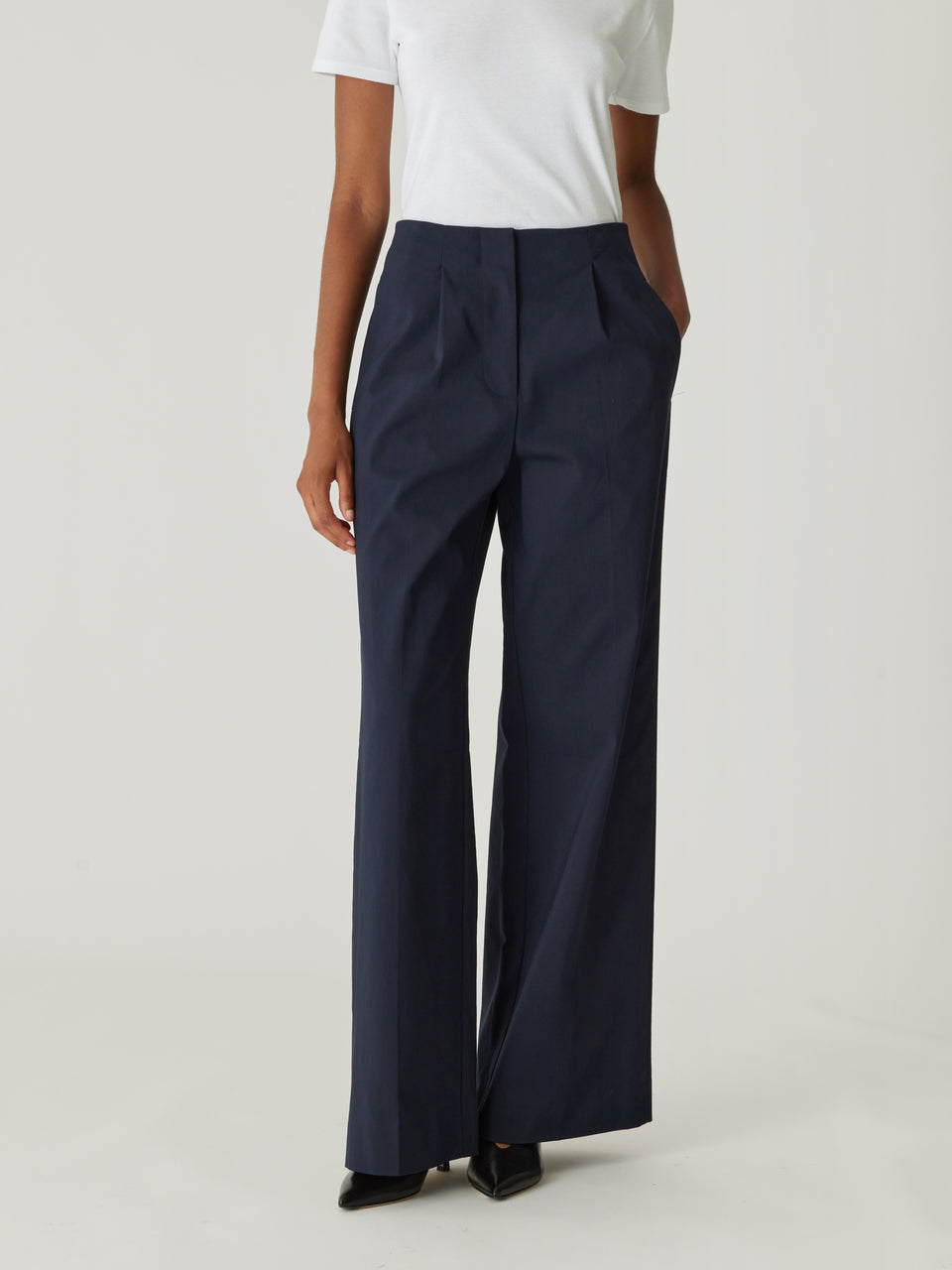 Rebecca Taylor Refined Sateen Wide Leg Cotton Trouser in Dark Navy