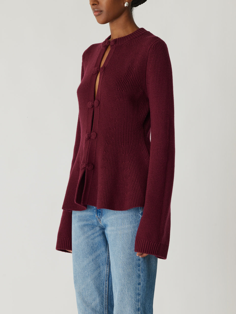 Burgundy Buttoned Peplum Cardigan Novelty Wool Peplum Cardi in Plum by Rebecca Taylor